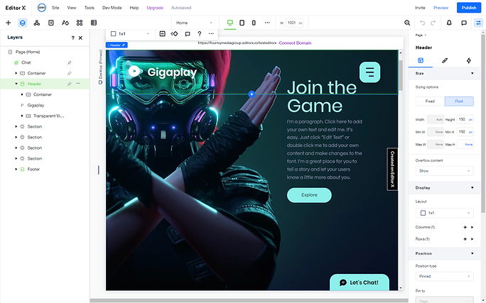 This is what Editor X's website-building platform looks like from the user's point of view